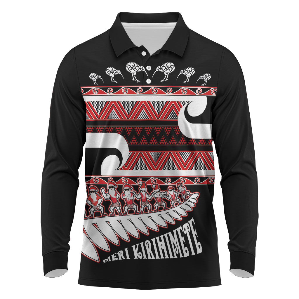 New Zealand Christmas Long Sleeve Polo Shirt Funny Santa Claus Haka Dance with Tukutuku
