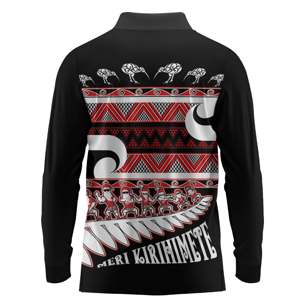 New Zealand Christmas Long Sleeve Polo Shirt Funny Santa Claus Haka Dance with Tukutuku