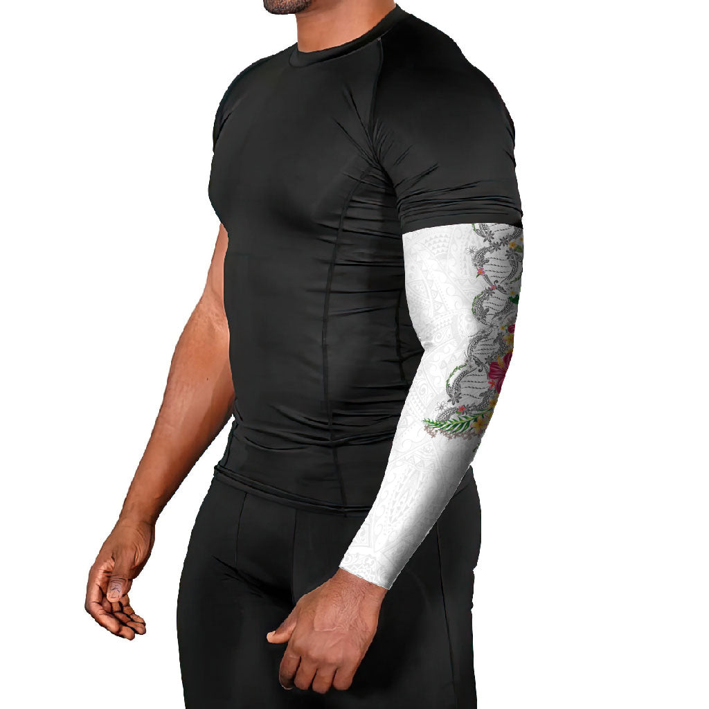 Hawaii DNA Kakau Tattoo Arm Sleeves with Plumeria and Hibiscus Tropical Plants White Color