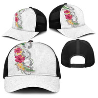 Hawaii DNA Kakau Tattoo Baseball Net Cap with Plumeria and Hibiscus Tropical Plants White Color