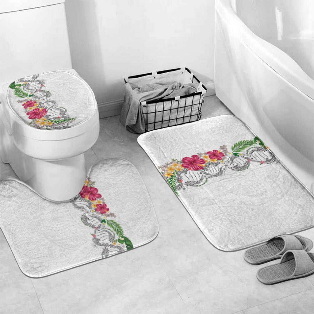 Hawaii DNA Kakau Tattoo Bathroom Set with Plumeria and Hibiscus Tropical Plants White Color