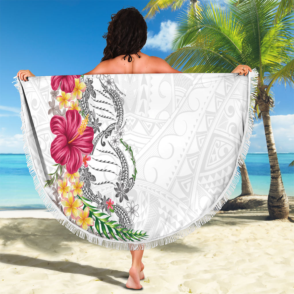 Hawaii DNA Kakau Tattoo Beach Blanket with Plumeria and Hibiscus Tropical Plants White Color