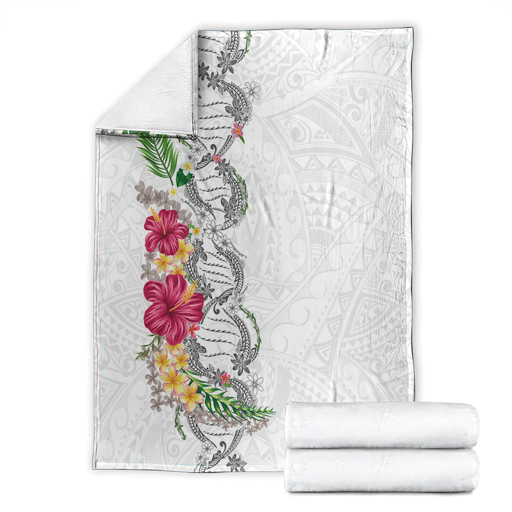 Hawaii DNA Kakau Tattoo Blanket with Plumeria and Hibiscus Tropical Plants White Color