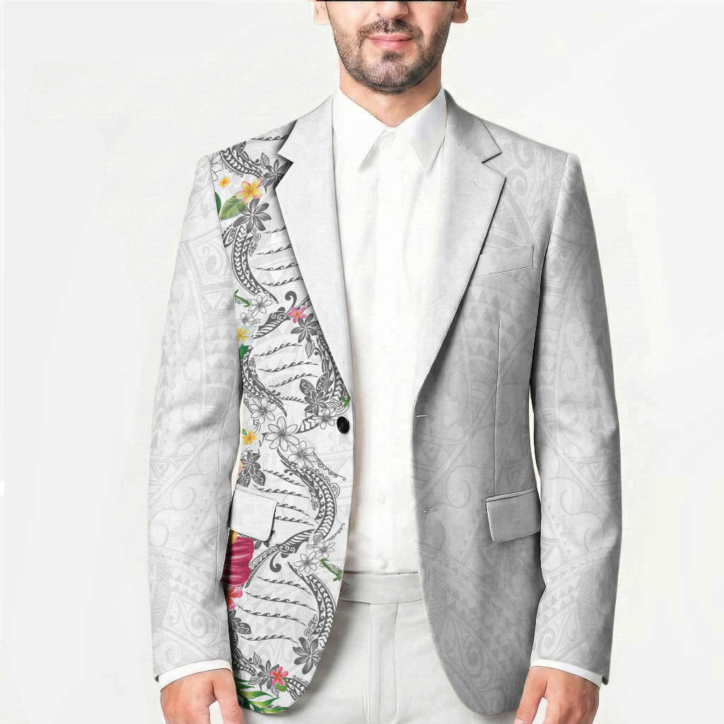 Hawaii DNA Kakau Tattoo Blazer with Plumeria and Hibiscus Tropical Plants White Color