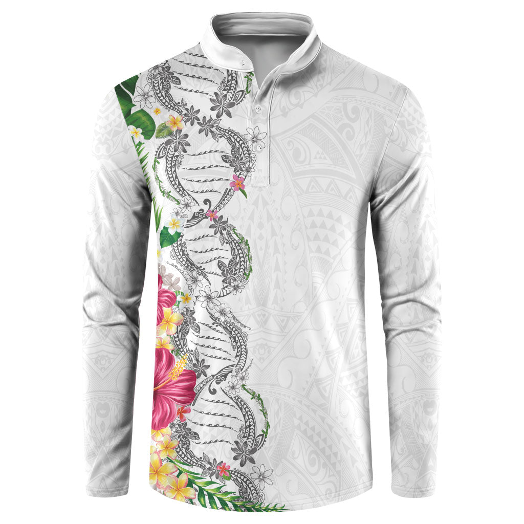 Hawaii DNA Kakau Tattoo Button Sweatshirt with Plumeria and Hibiscus Tropical Plants White Color