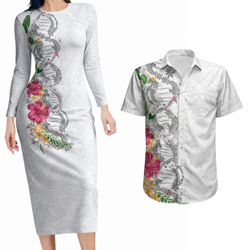 Hawaii DNA Kakau Tattoo Couples Matching Long Sleeve Bodycon Dress and Hawaiian Shirt with Plumeria and Hibiscus Tropical Plants White Color