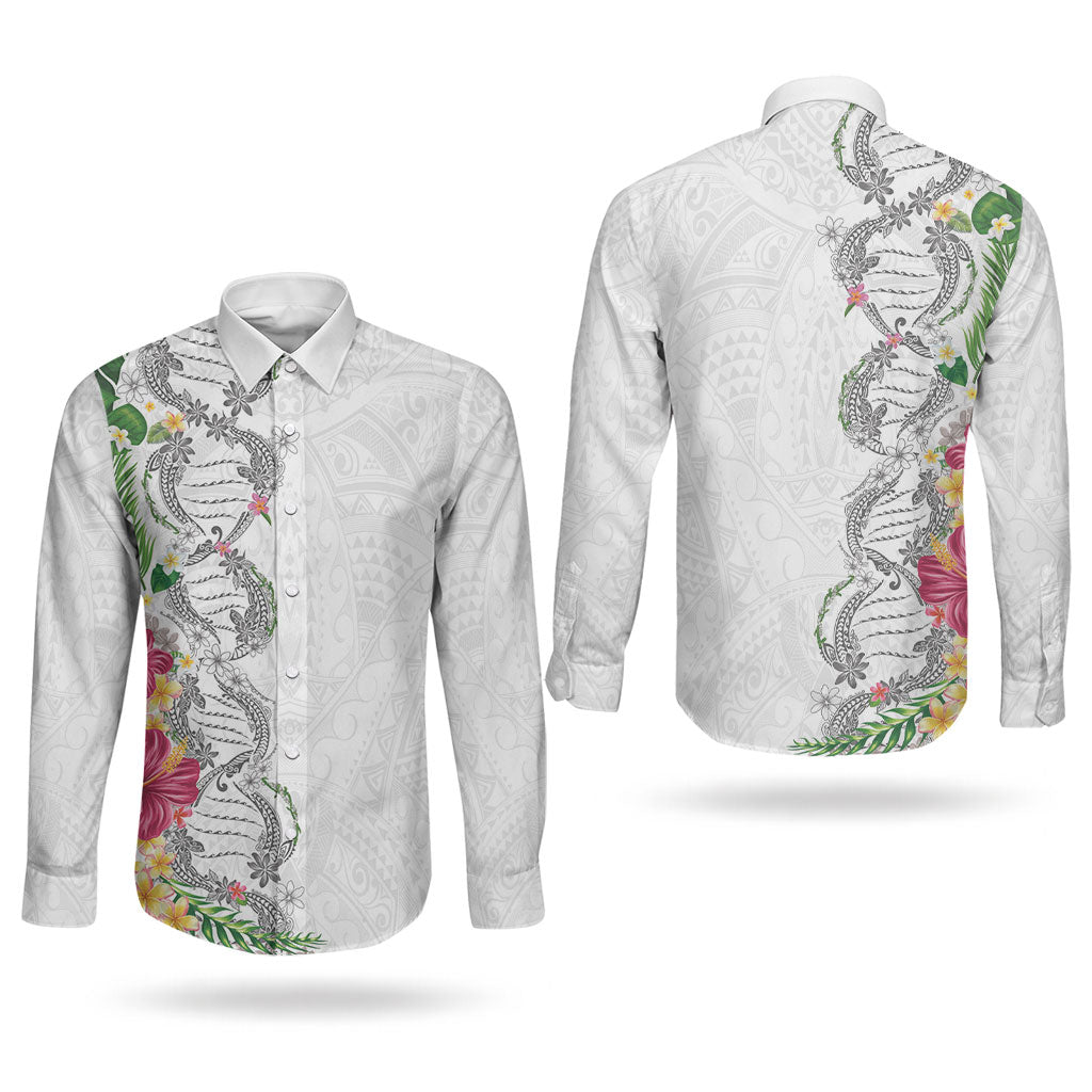 Hawaii DNA Kakau Tattoo Couples Matching Mermaid Dress and Long Sleeve Button Shirt with Plumeria and Hibiscus Tropical Plants White Color