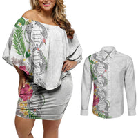 Hawaii DNA Kakau Tattoo Couples Matching Off Shoulder Short Dress and Long Sleeve Button Shirt with Plumeria and Hibiscus Tropical Plants White Color