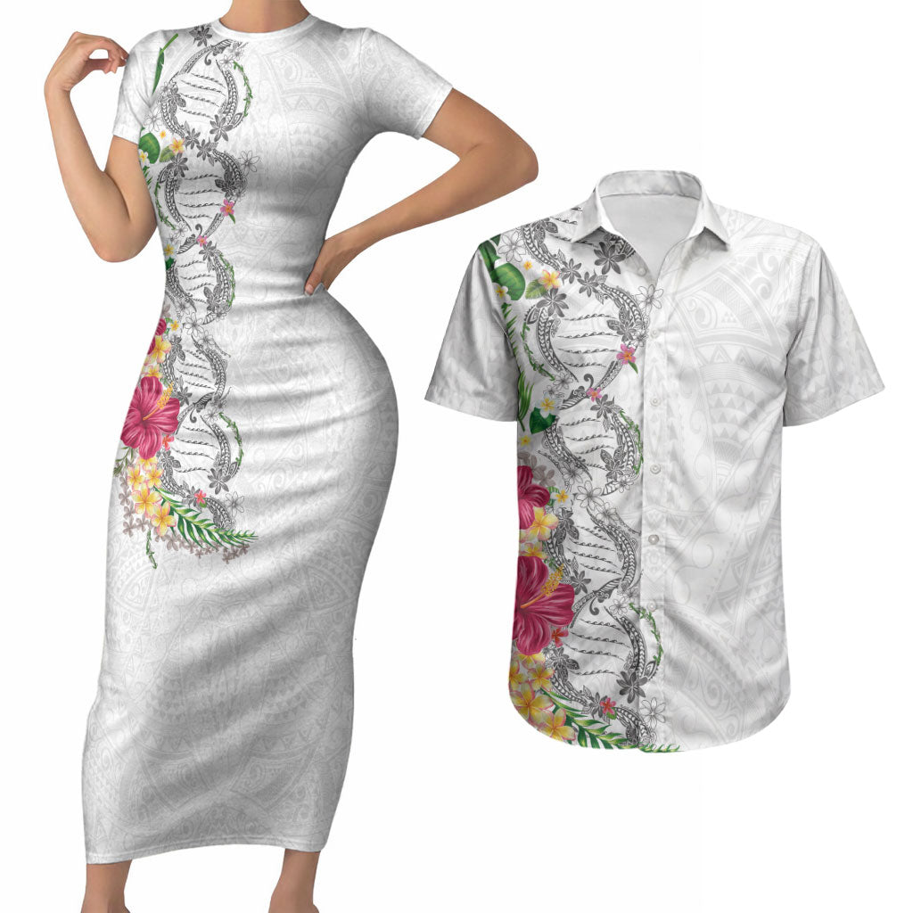 Hawaii DNA Kakau Tattoo Couples Matching Short Sleeve Bodycon Dress and Hawaiian Shirt with Plumeria and Hibiscus Tropical Plants White Color LT03 White - Polynesian Pride