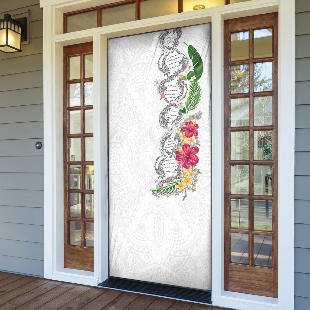 Hawaii DNA Kakau Tattoo Door Cover with Plumeria and Hibiscus Tropical Plants White Color