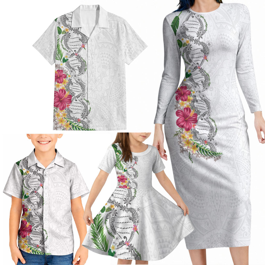 Hawaii DNA Kakau Tattoo Family Matching Long Sleeve Bodycon Dress and Hawaiian Shirt with Plumeria and Hibiscus Tropical Plants White Color LT03 - Polynesian Pride
