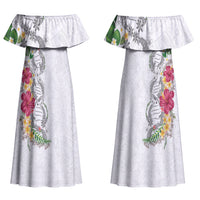 Hawaii DNA Kakau Tattoo Family Matching Off Shoulder Maxi Dress and Hawaiian Shirt with Plumeria and Hibiscus Tropical Plants White Color