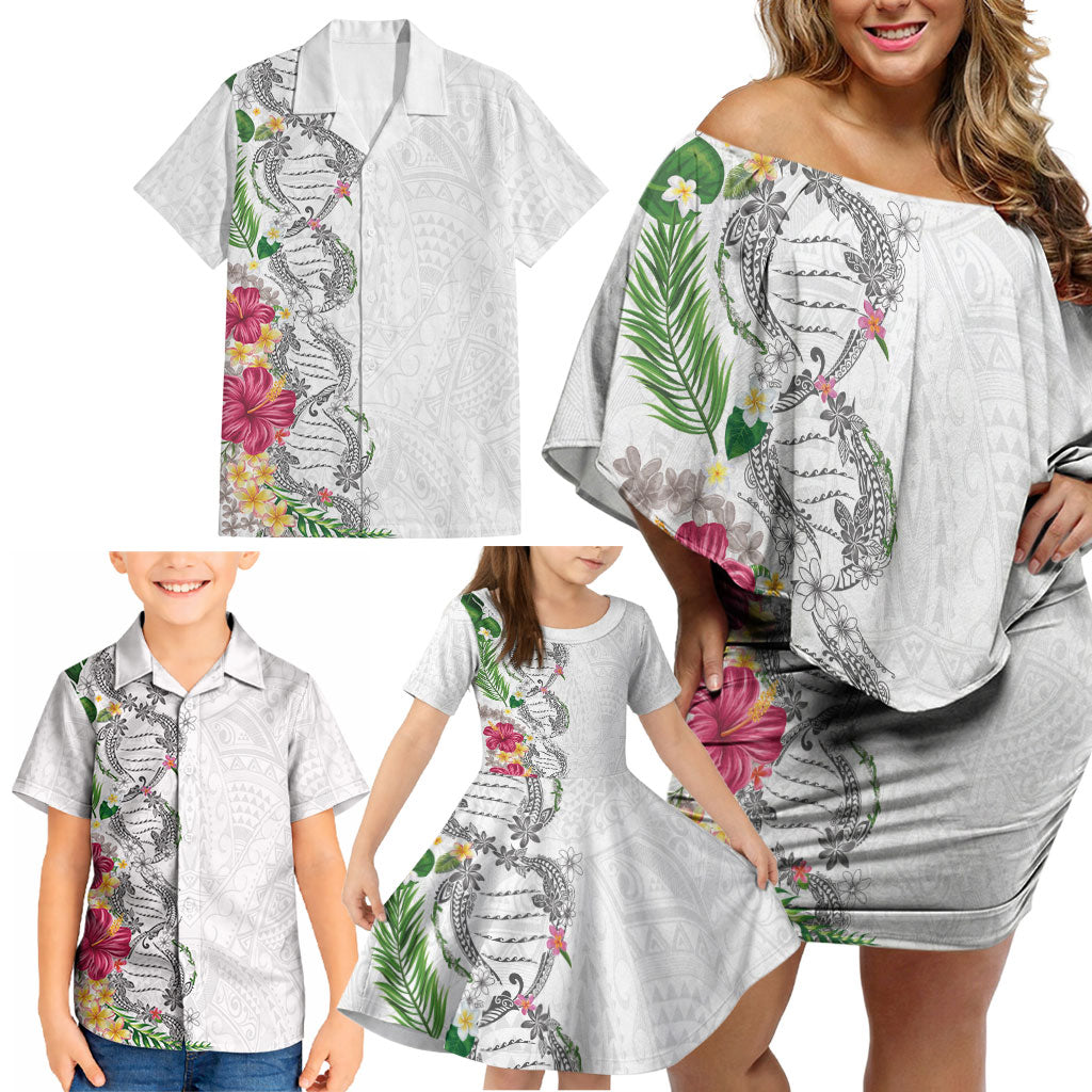 Hawaii DNA Kakau Tattoo Family Matching Off Shoulder Short Dress and Hawaiian Shirt with Plumeria and Hibiscus Tropical Plants White Color LT03 - Polynesian Pride