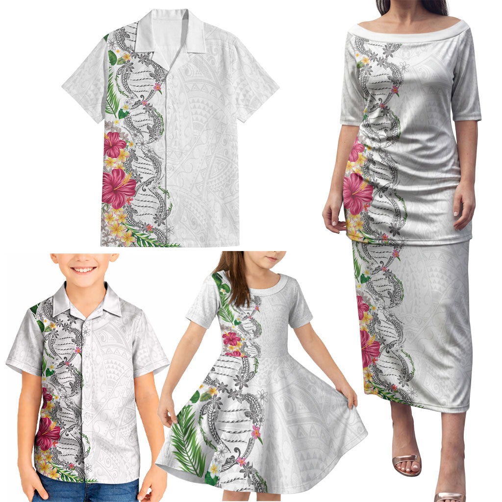 Hawaii DNA Kakau Tattoo Family Matching Puletasi and Hawaiian Shirt with Plumeria and Hibiscus Tropical Plants White Color LT03 - Polynesian Pride