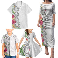 Hawaii DNA Kakau Tattoo Family Matching Puletasi and Hawaiian Shirt with Plumeria and Hibiscus Tropical Plants White Color