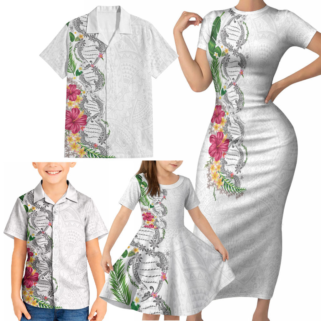 Hawaii DNA Kakau Tattoo Family Matching Short Sleeve Bodycon Dress and Hawaiian Shirt with Plumeria and Hibiscus Tropical Plants White Color LT03 - Polynesian Pride