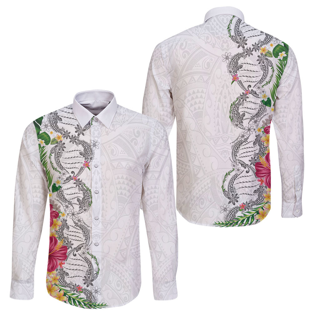 Hawaii DNA Kakau Tattoo Family Matching Short Sleeve Bodycon Dress and Hawaiian Shirt with Plumeria and Hibiscus Tropical Plants White Color