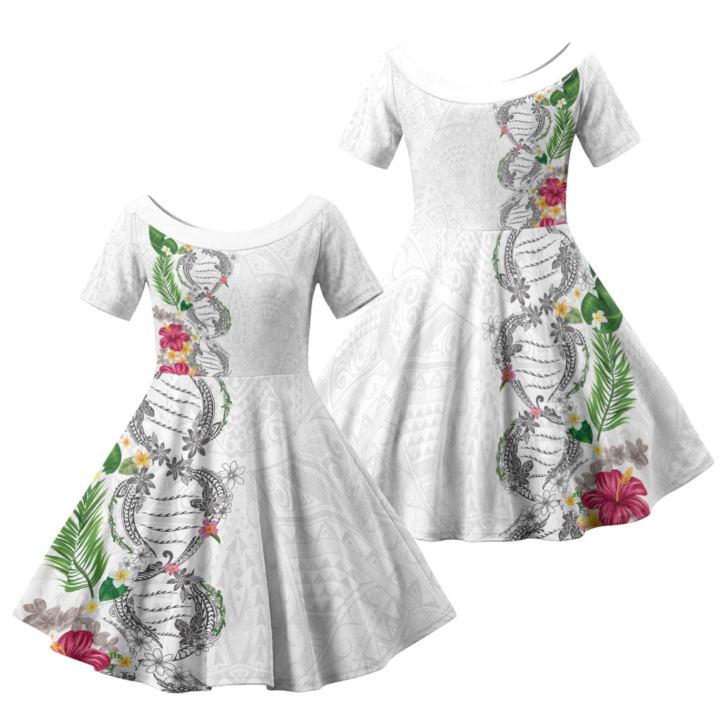 Hawaii DNA Kakau Tattoo Family Matching Summer Maxi Dress and Hawaiian Shirt with Plumeria and Hibiscus Tropical Plants White Color