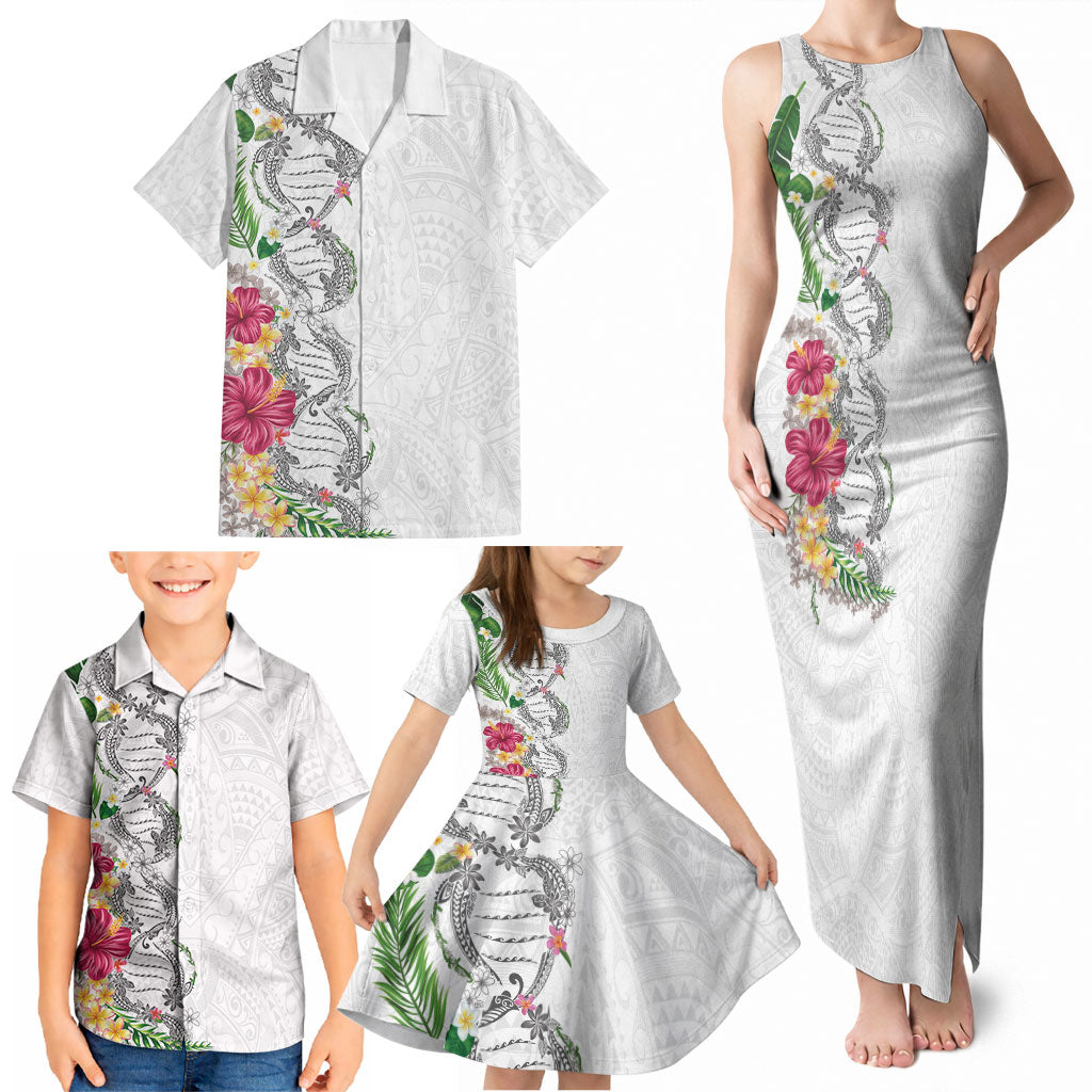 Hawaii DNA Kakau Tattoo Family Matching Tank Maxi Dress and Hawaiian Shirt with Plumeria and Hibiscus Tropical Plants White Color LT03 - Polynesian Pride