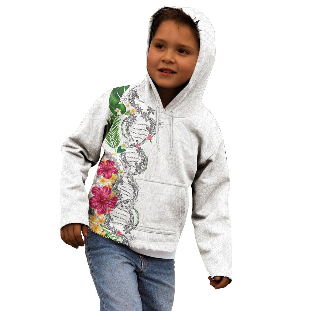 Hawaii DNA Kakau Tattoo Kid Hoodie with Plumeria and Hibiscus Tropical Plants White Color