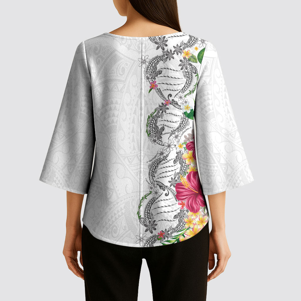 Hawaii DNA Kakau Tattoo Kimono Sleeve Blouse with Plumeria and Hibiscus Tropical Plants White Color