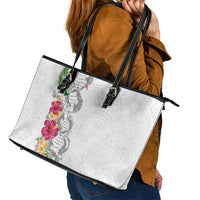 Hawaii DNA Kakau Tattoo Leather Tote Bag with Plumeria and Hibiscus Tropical Plants White Color
