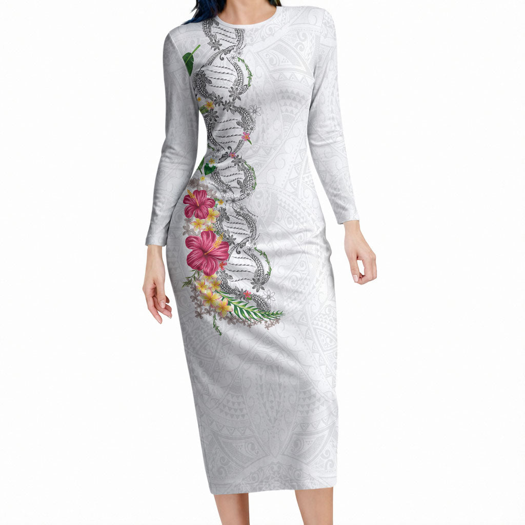 Hawaii DNA Kakau Tattoo Long Sleeve Bodycon Dress with Plumeria and Hibiscus Tropical Plants White Color