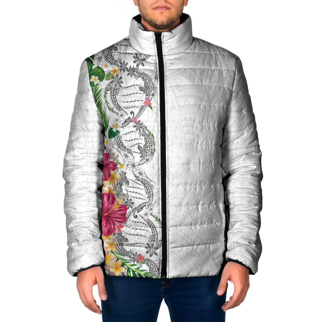 Hawaii DNA Kakau Tattoo Padded Jacket with Plumeria and Hibiscus Tropical Plants White Color