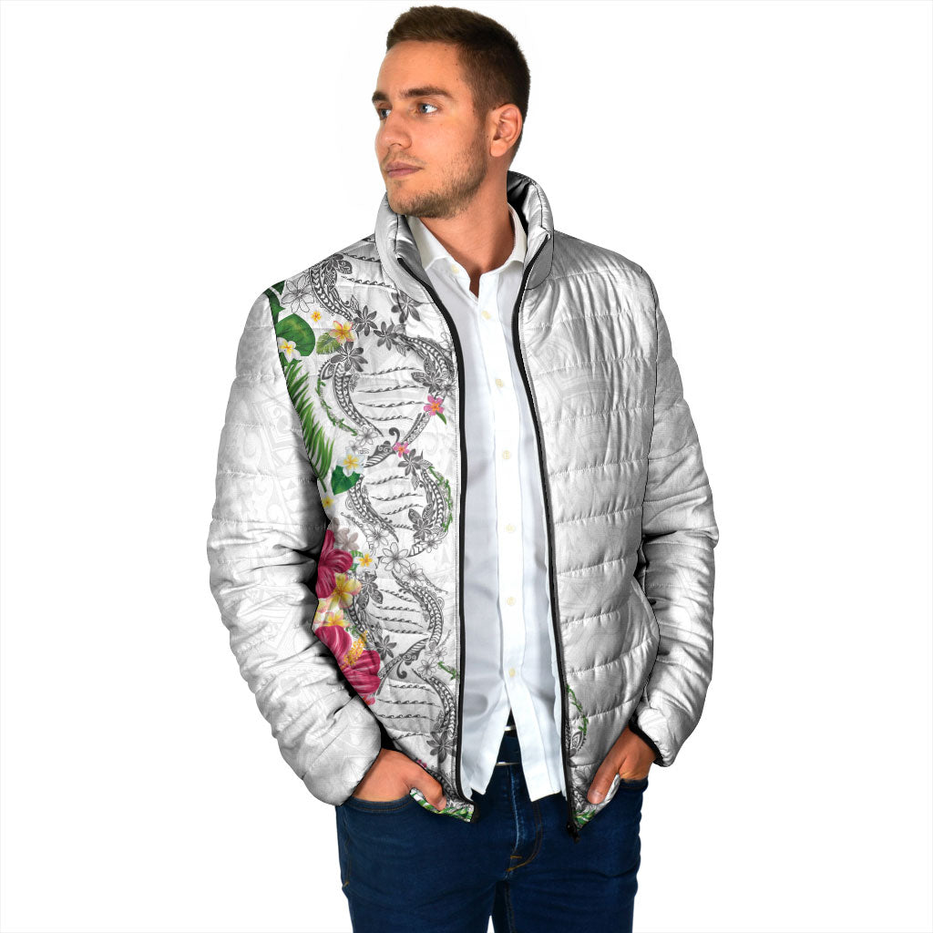 Hawaii DNA Kakau Tattoo Padded Jacket with Plumeria and Hibiscus Tropical Plants White Color