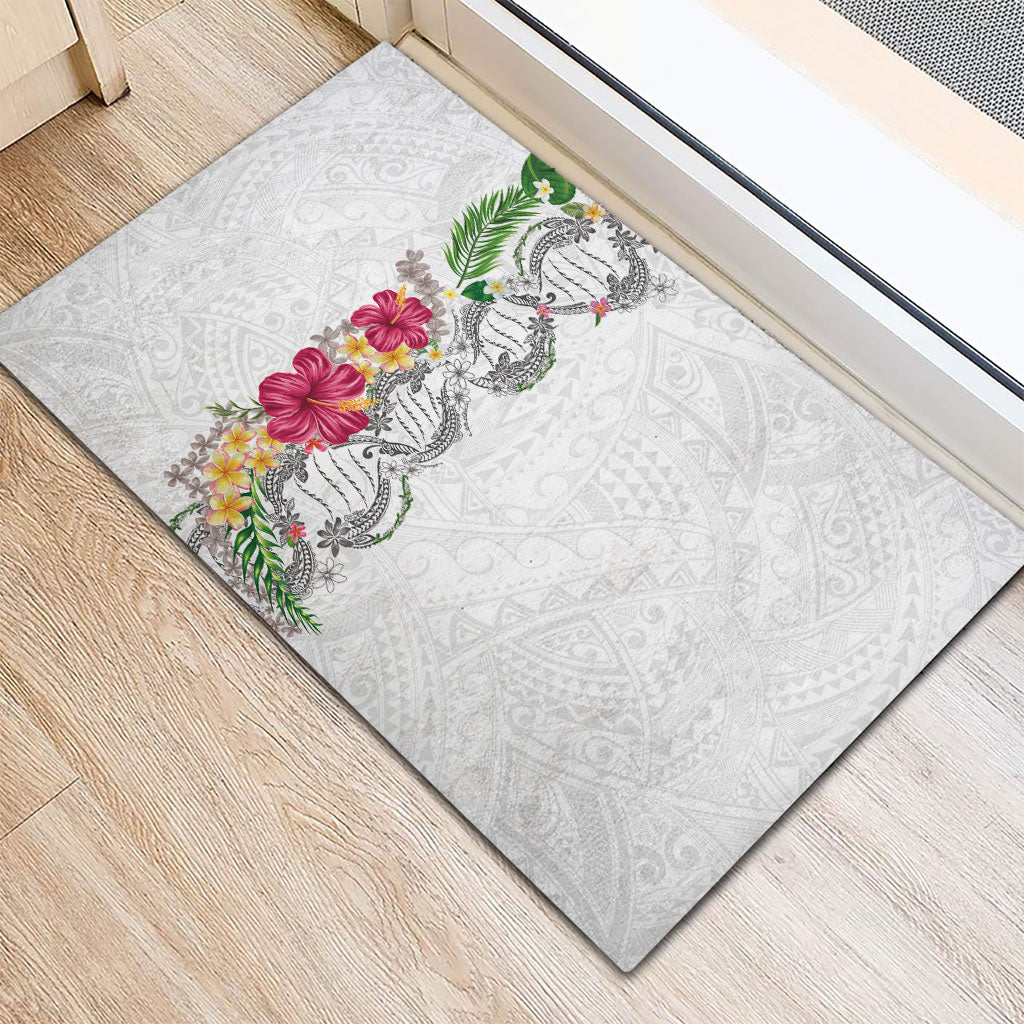 Hawaii DNA Kakau Tattoo Rubber Doormat with Plumeria and Hibiscus Tropical Plants White Color