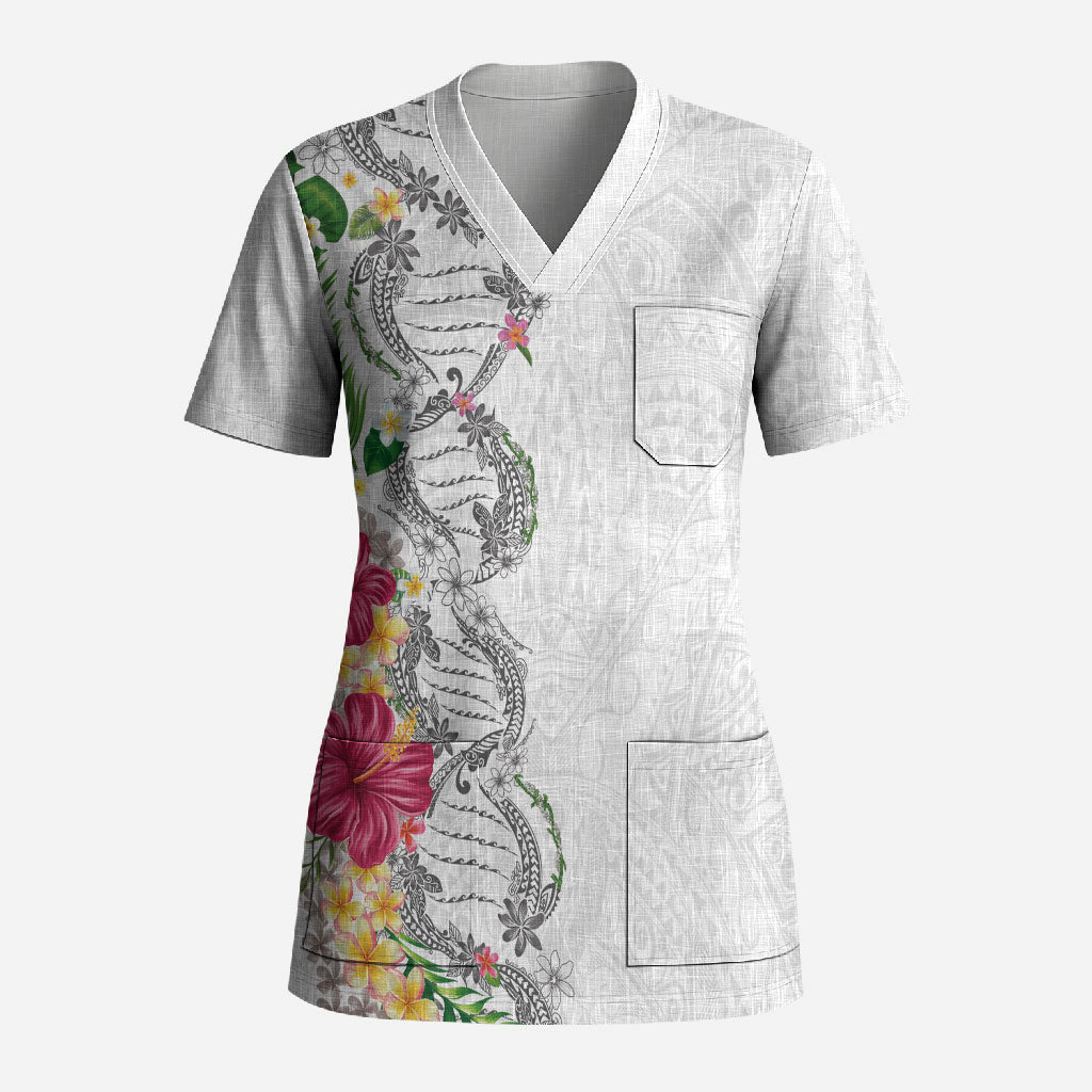 Hawaii DNA Kakau Tattoo Scrub Top with Plumeria and Hibiscus Tropical Plants White Color LT03 Adult White - Polynesian Pride