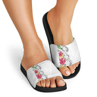 Hawaii DNA Kakau Tattoo Slide Sandals with Plumeria and Hibiscus Tropical Plants White Color
