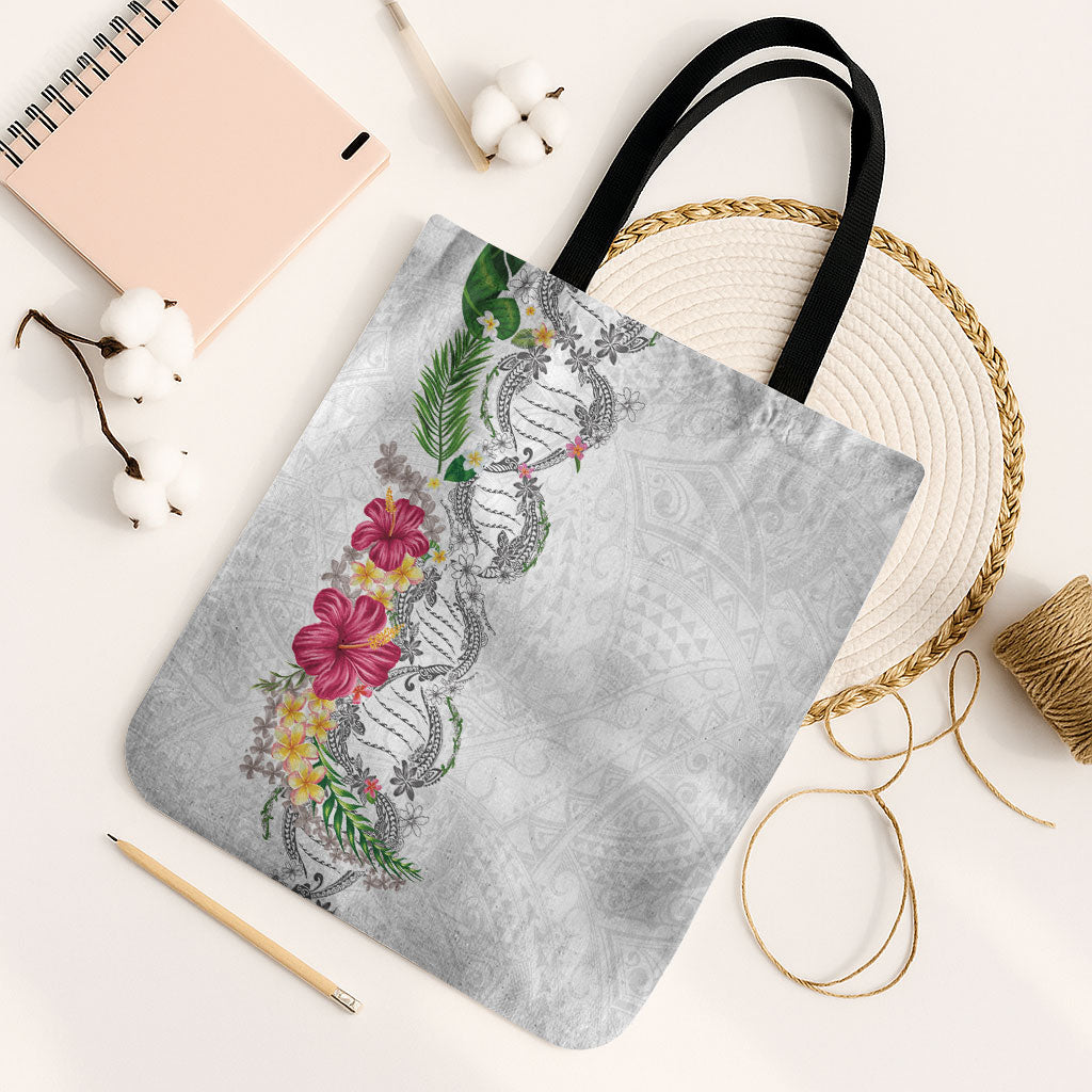 Hawaii DNA Kakau Tattoo Tote Bag with Plumeria and Hibiscus Tropical Plants White Color LT03 Black Strap One Size White - Polynesian Pride
