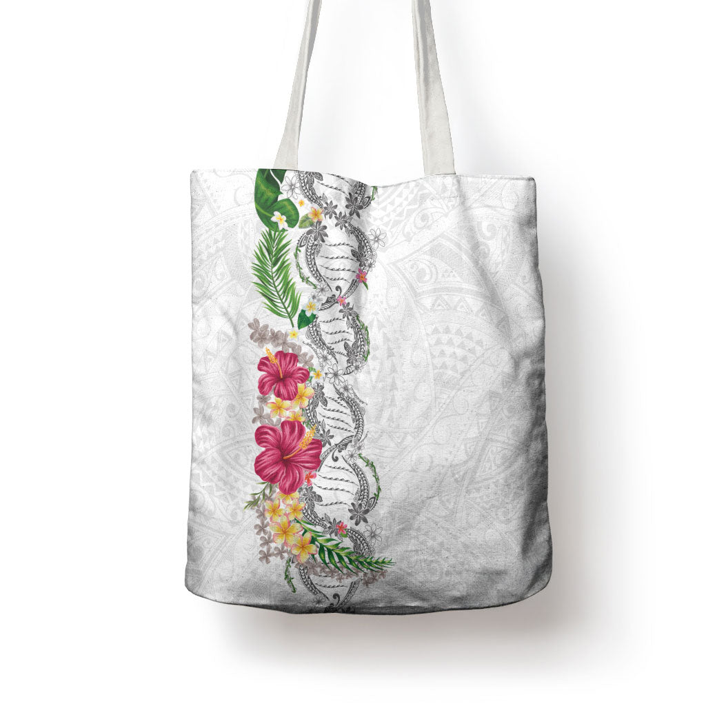 Hawaii DNA Kakau Tattoo Tote Bag with Plumeria and Hibiscus Tropical Plants White Color