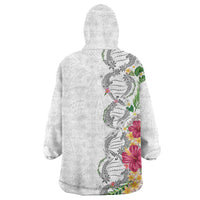 Hawaii DNA Kakau Tattoo Wearable Blanket Hoodie with Plumeria and Hibiscus Tropical Plants White Color