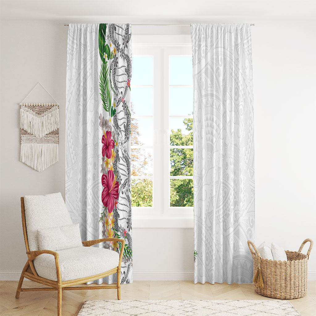 Hawaii DNA Kakau Tattoo Window Curtain with Plumeria and Hibiscus Tropical Plants White Color