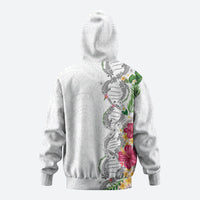 Hawaii DNA Kakau Tattoo Zip Hoodie with Plumeria and Hibiscus Tropical Plants White Color