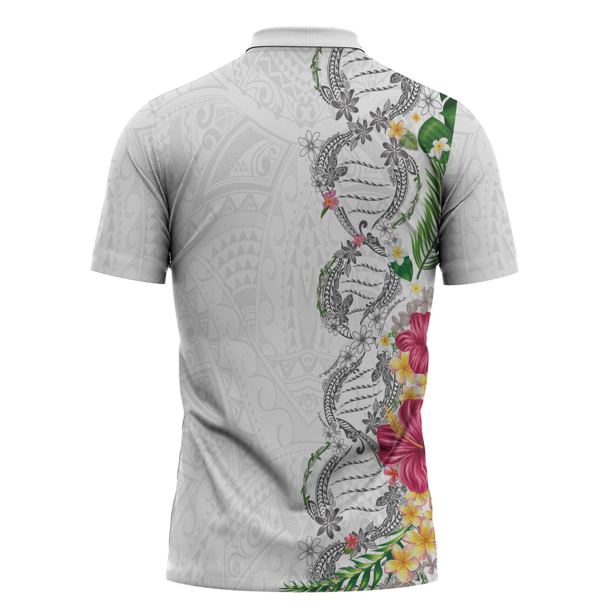 Hawaii DNA Kakau Tattoo Zipper Polo Shirt with Plumeria and Hibiscus Tropical Plants White Color