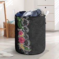 Hawaii DNA Kakau Tattoo Laundry Basket with Plumeria and Hibiscus Tropical Plants Black Color