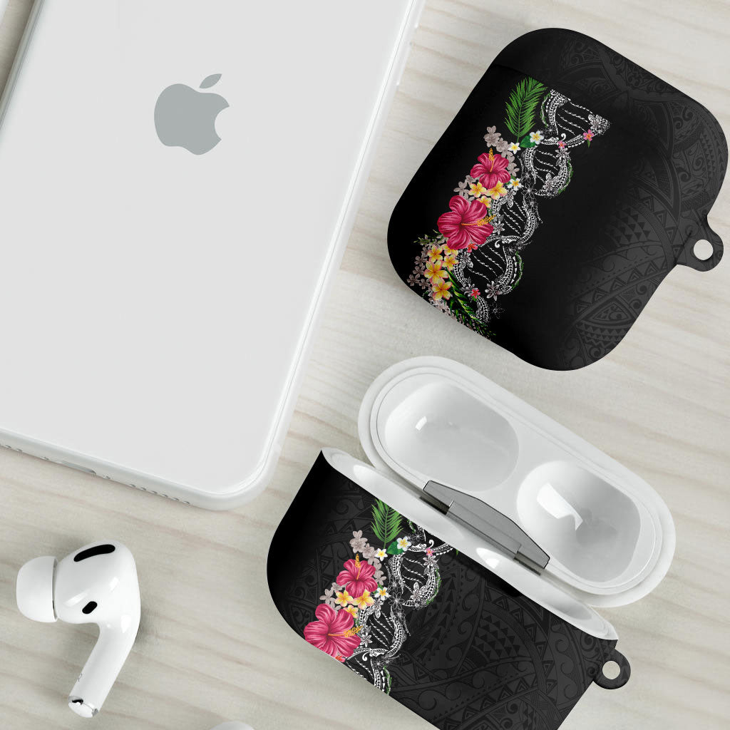 Hawaii DNA Kakau Tattoo AirPods Case with Plumeria and Hibiscus Tropical Plants Black Color