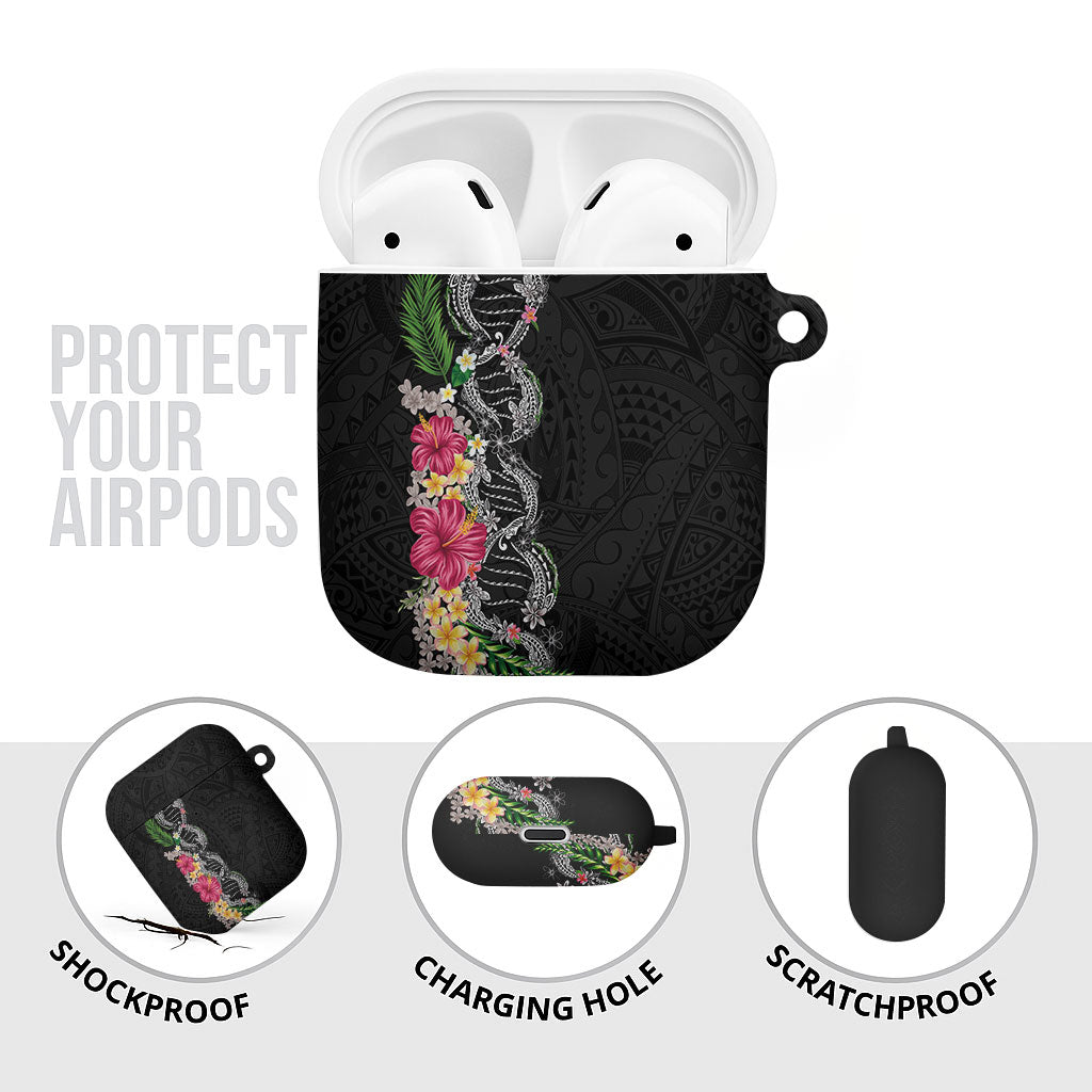 Hawaii DNA Kakau Tattoo AirPods Case with Plumeria and Hibiscus Tropical Plants Black Color