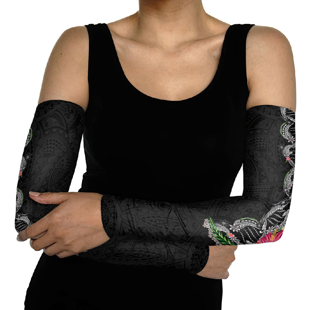 Hawaii DNA Kakau Tattoo Arm Sleeves with Plumeria and Hibiscus Tropical Plants Black Color