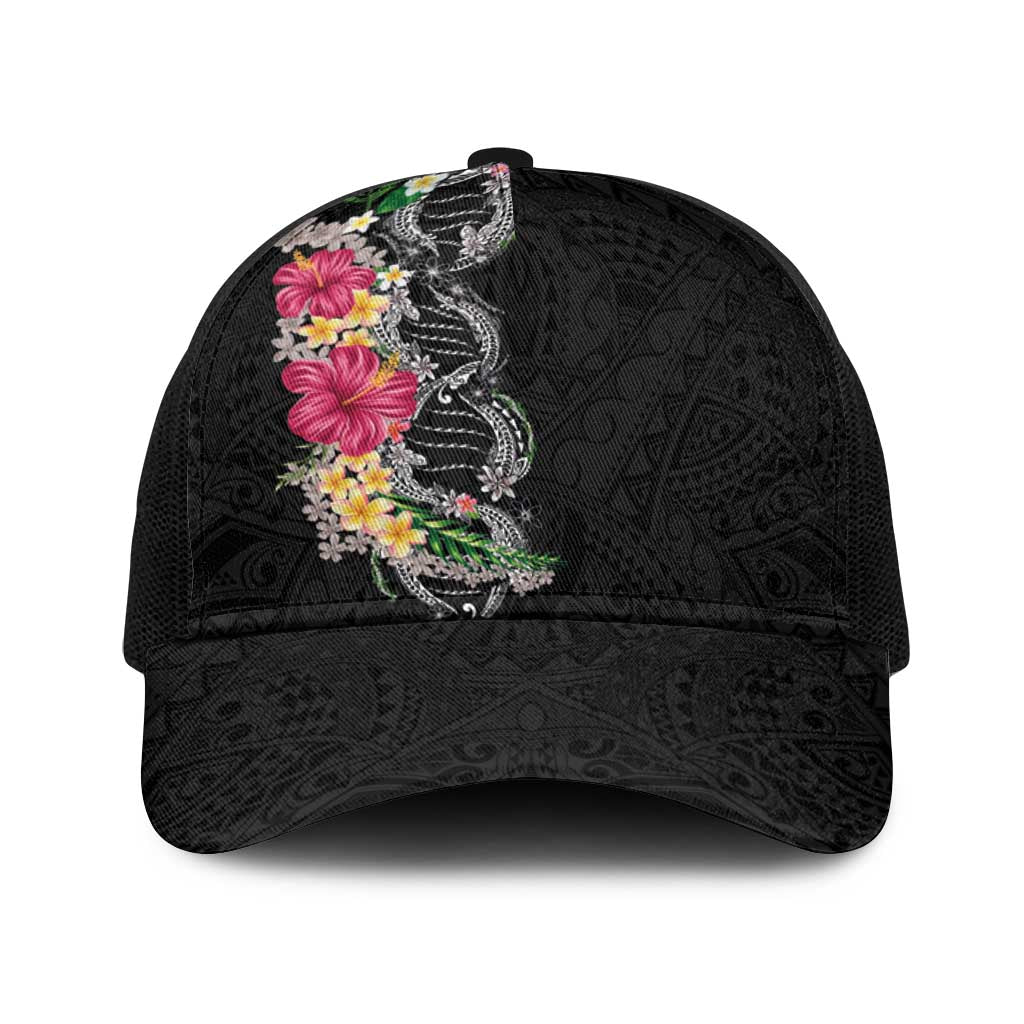 Hawaii DNA Kakau Tattoo Baseball Net Cap with Plumeria and Hibiscus Tropical Plants Black Color