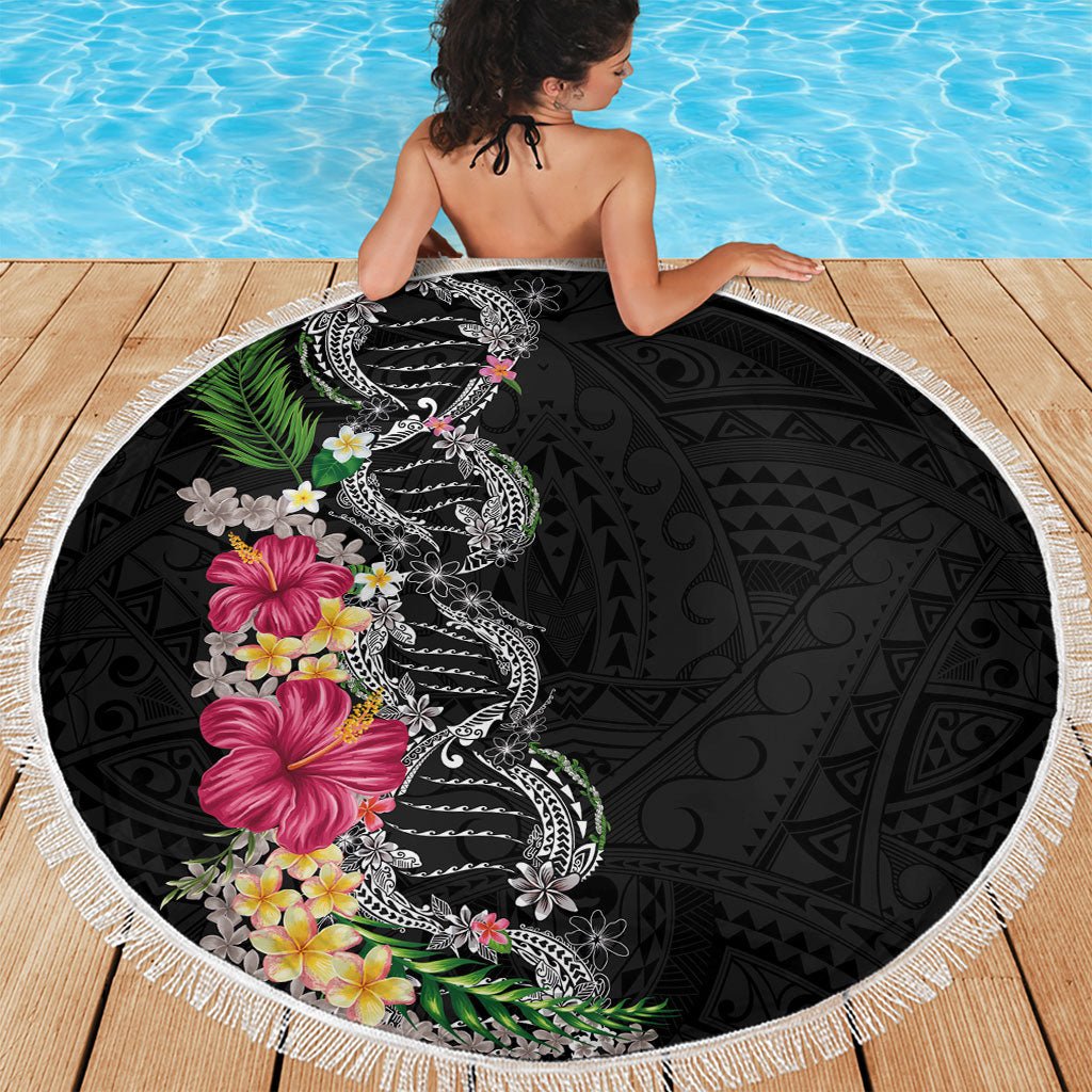 Hawaii DNA Kakau Tattoo Beach Blanket with Plumeria and Hibiscus Tropical Plants Black Color