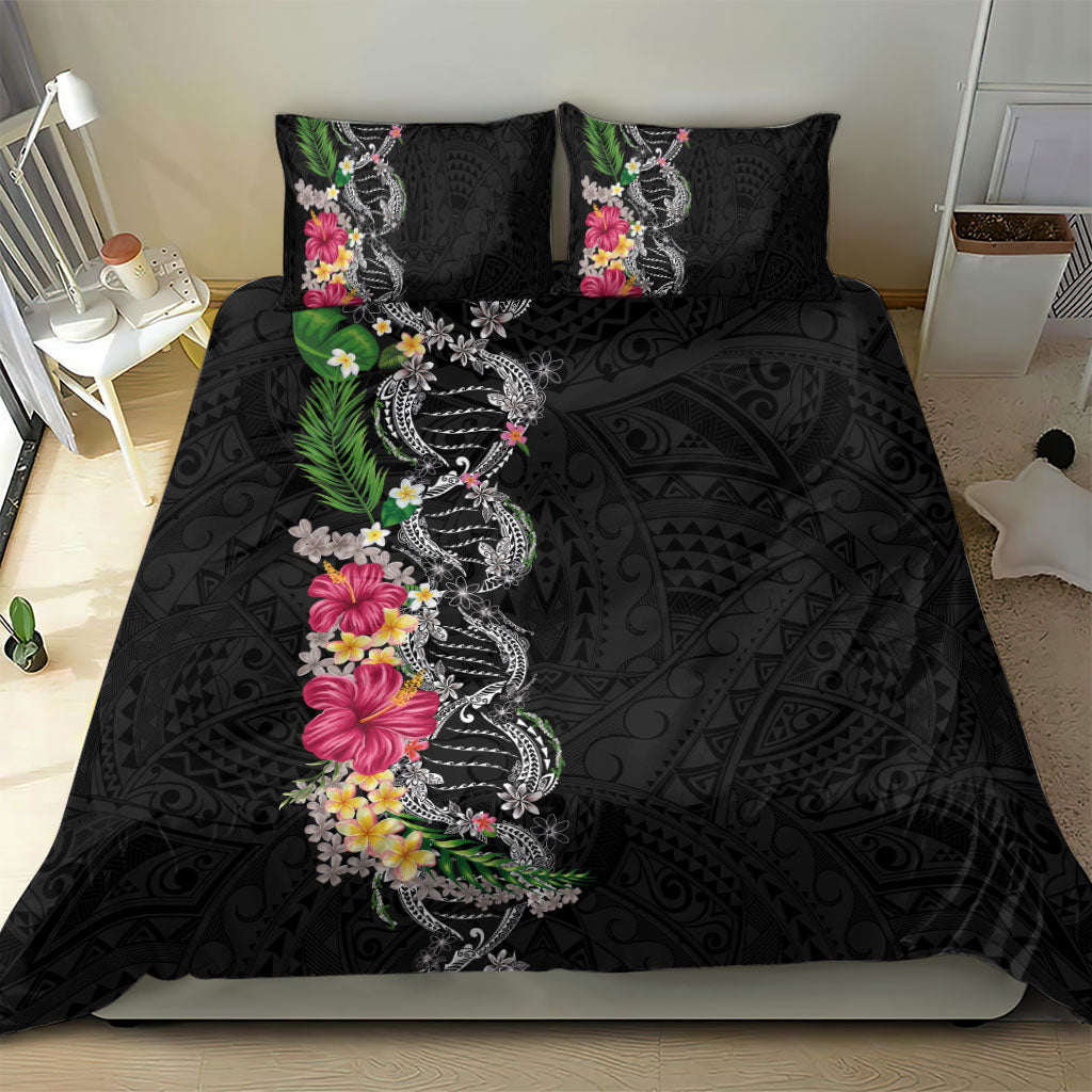 Hawaii DNA Kakau Tattoo Bedding Set with Plumeria and Hibiscus Tropical Plants Black Color