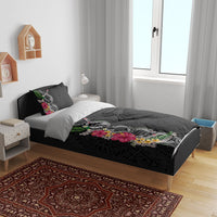 Hawaii DNA Kakau Tattoo Bedding Set with Plumeria and Hibiscus Tropical Plants Black Color