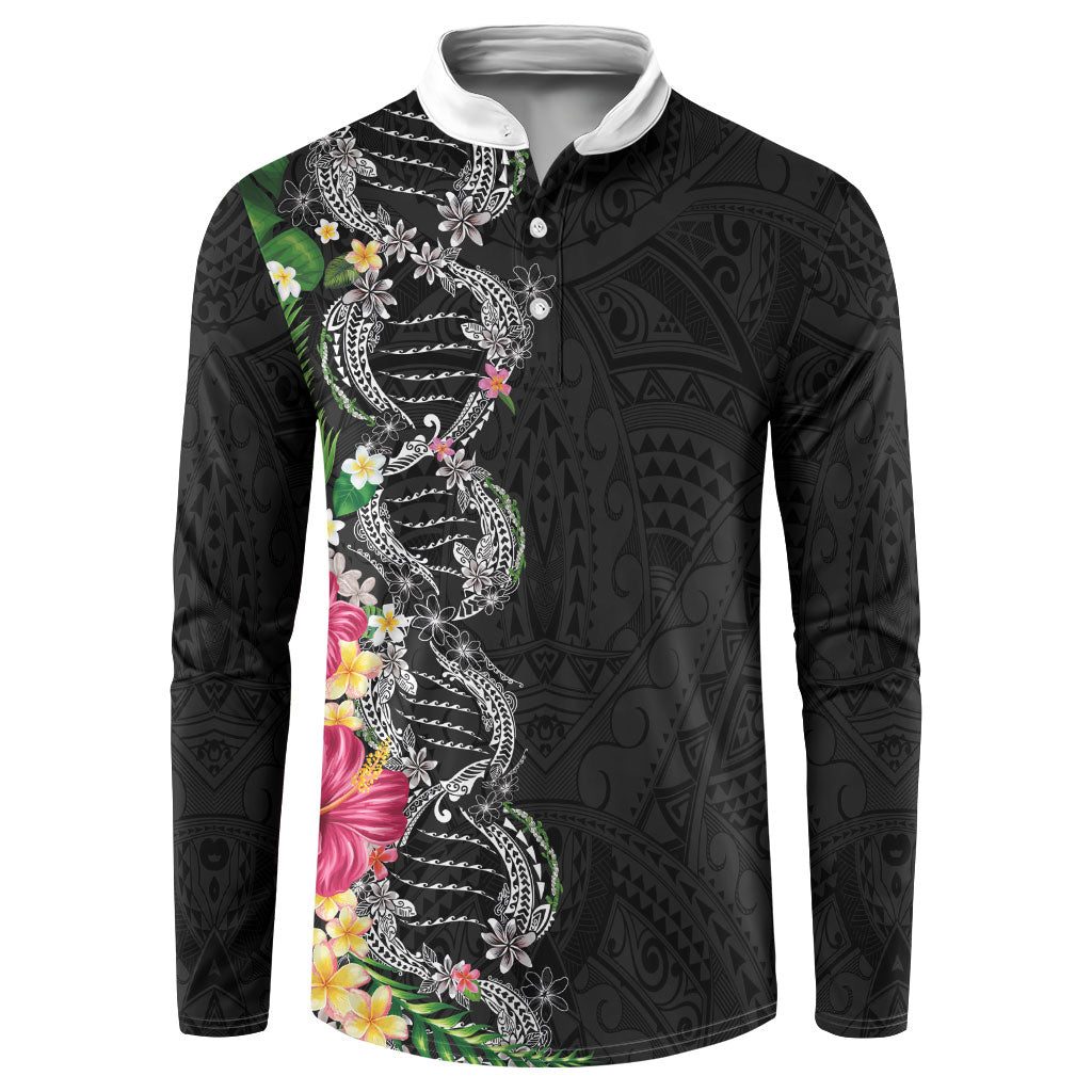 Hawaii DNA Kakau Tattoo Button Sweatshirt with Plumeria and Hibiscus Tropical Plants Black Color