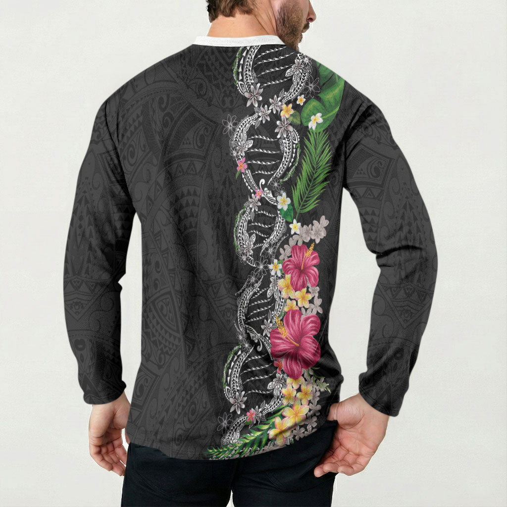 Hawaii DNA Kakau Tattoo Button Sweatshirt with Plumeria and Hibiscus Tropical Plants Black Color