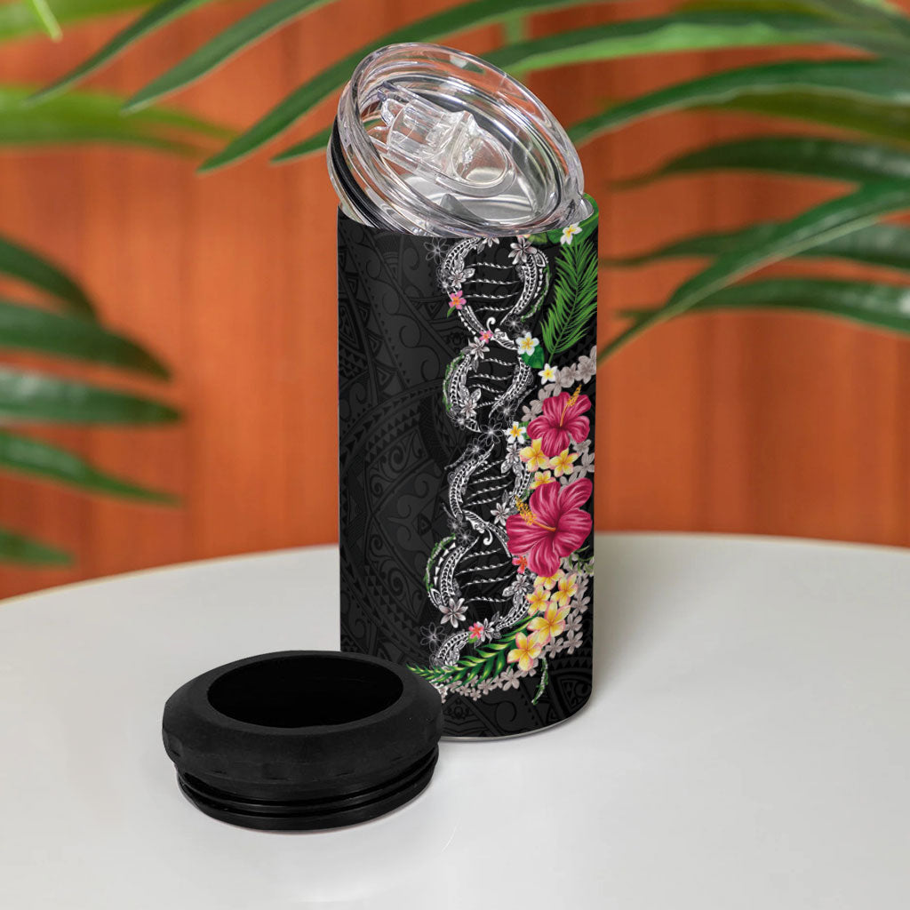 Hawaii DNA Kakau Tattoo 4 in 1 Can Cooler Tumbler with Plumeria and Hibiscus Tropical Plants Black Color