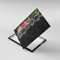 Hawaii DNA Kakau Tattoo Canvas Wall Art with Plumeria and Hibiscus Tropical Plants Black Color
